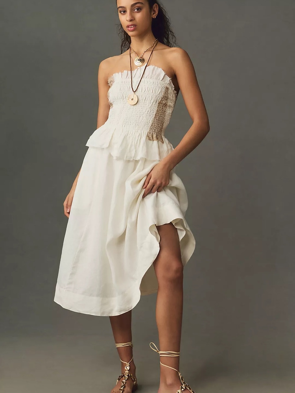 Anthropologie Ivory Strapless Smocked Peplum Midi Dress